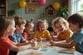 Enfants rieurs autour d'une table lors d'une fête d'anniversaire