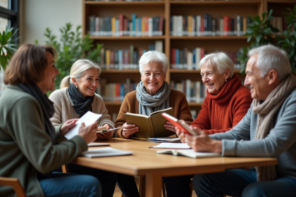 Groupe de personnes lisant dans une bibliothèque chaleureuse