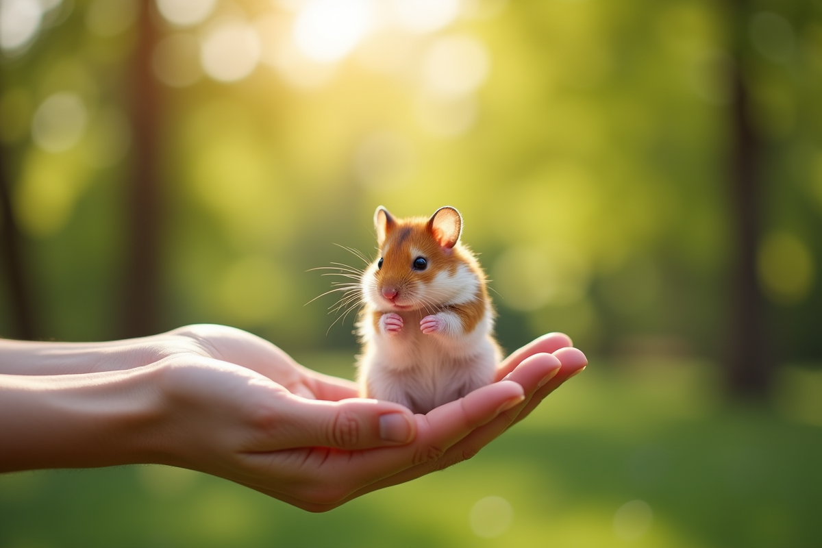 Hamster russe posé sur des mains d