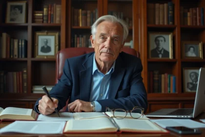 Homme d'âge mûr dans un bureau français traditionnel consultant des livres et une page Wikipédia sur ordinateur portable