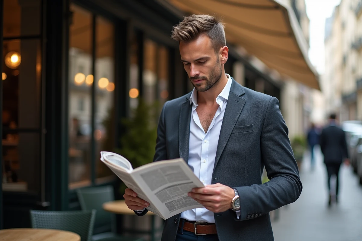 Homme lisant un journal dans un café parisien