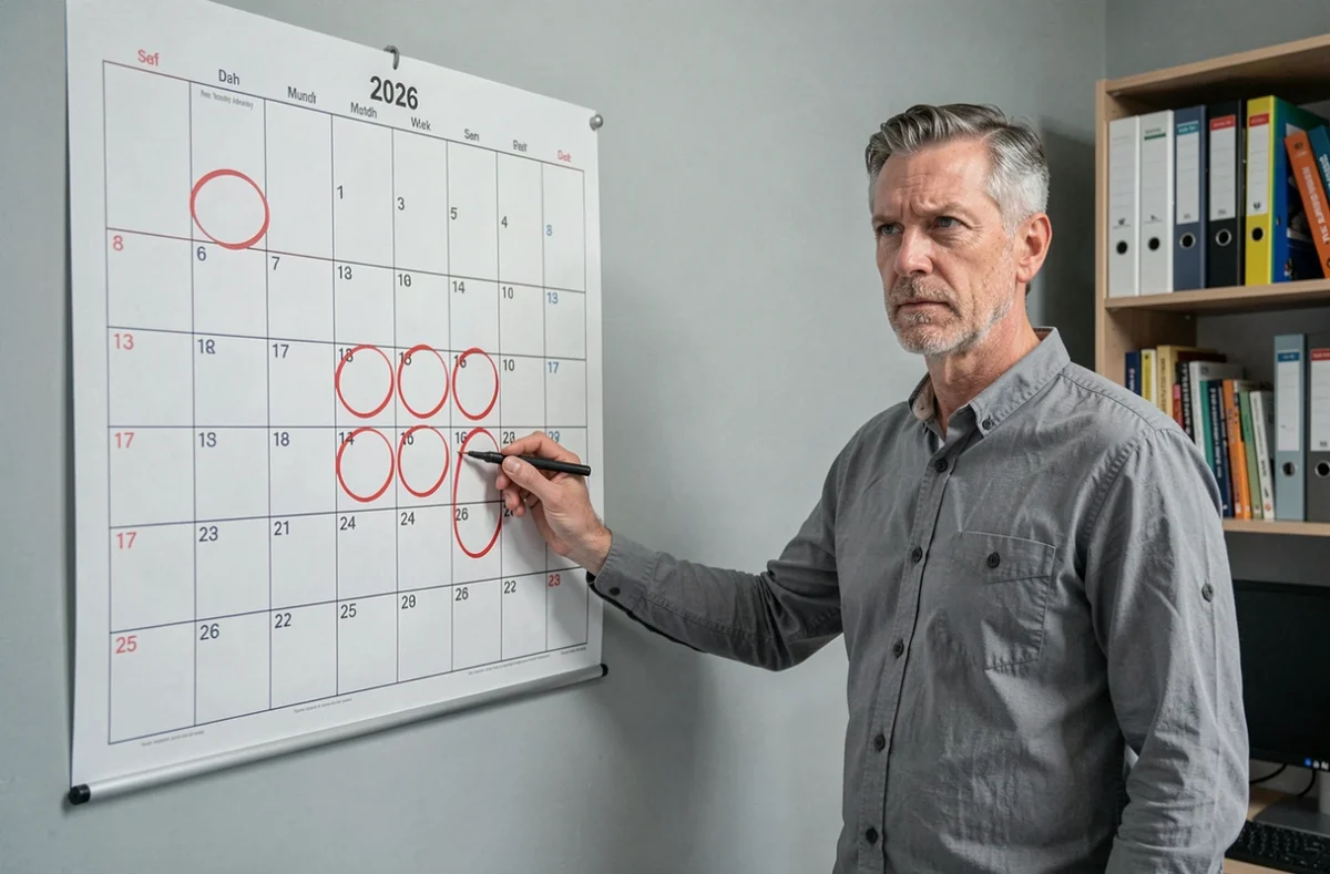 Homme marquant les semaines paires et impaires sur un grand calendrier mural 2026 au bureau