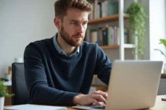 Homme consultant le site web Albrad sur un ordinateur portable dans un bureau moderne et épuré