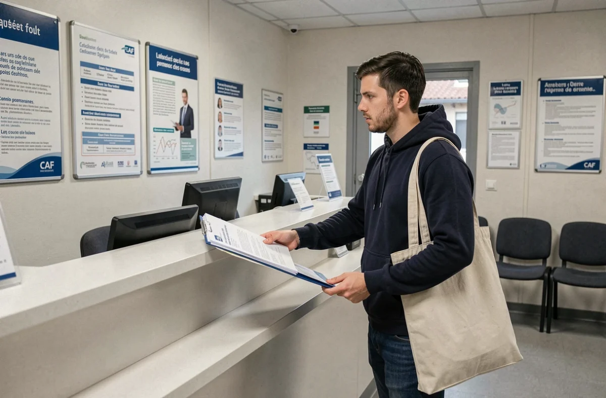 Homme déposant ses documents à un guichet de la CAF pour une demande d'aide sociale