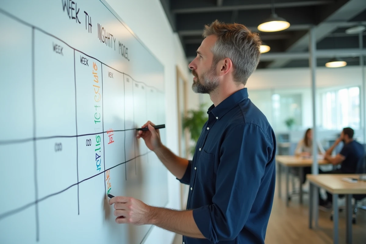 Homme marquant les semaines paires et impaires sur un tableau blanc dans un bureau moderne pour mieux s'organiser