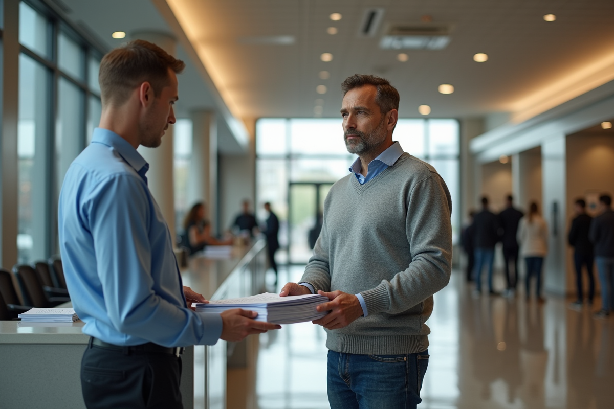 Homme remettant des documents au guichet public