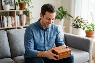 Homme souriant avec boîte cadeau en bois personnalisé
