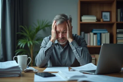 Homme stressé devant un ordinateur portable rempli de documents de divorce en ligne dans un bureau encombré