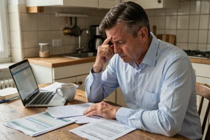 Homme stressé entouré de documents financiers à une table de cuisine, illustrant les difficultés liées à la pension alimentaire devant le JAF