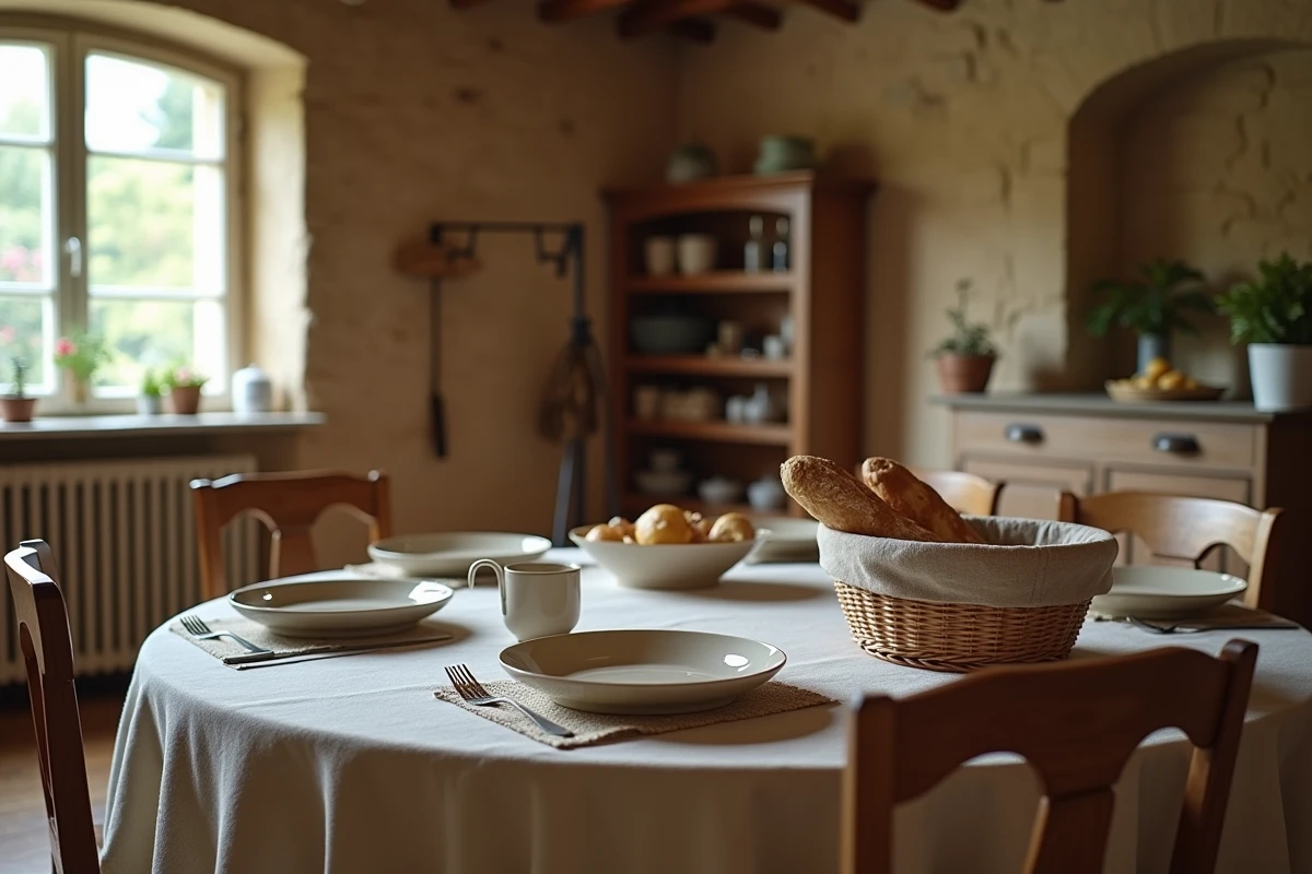 Intérieur d'une maison familiale française avec table dressée pour un repas, évoquant la vie domestique et familiale en France