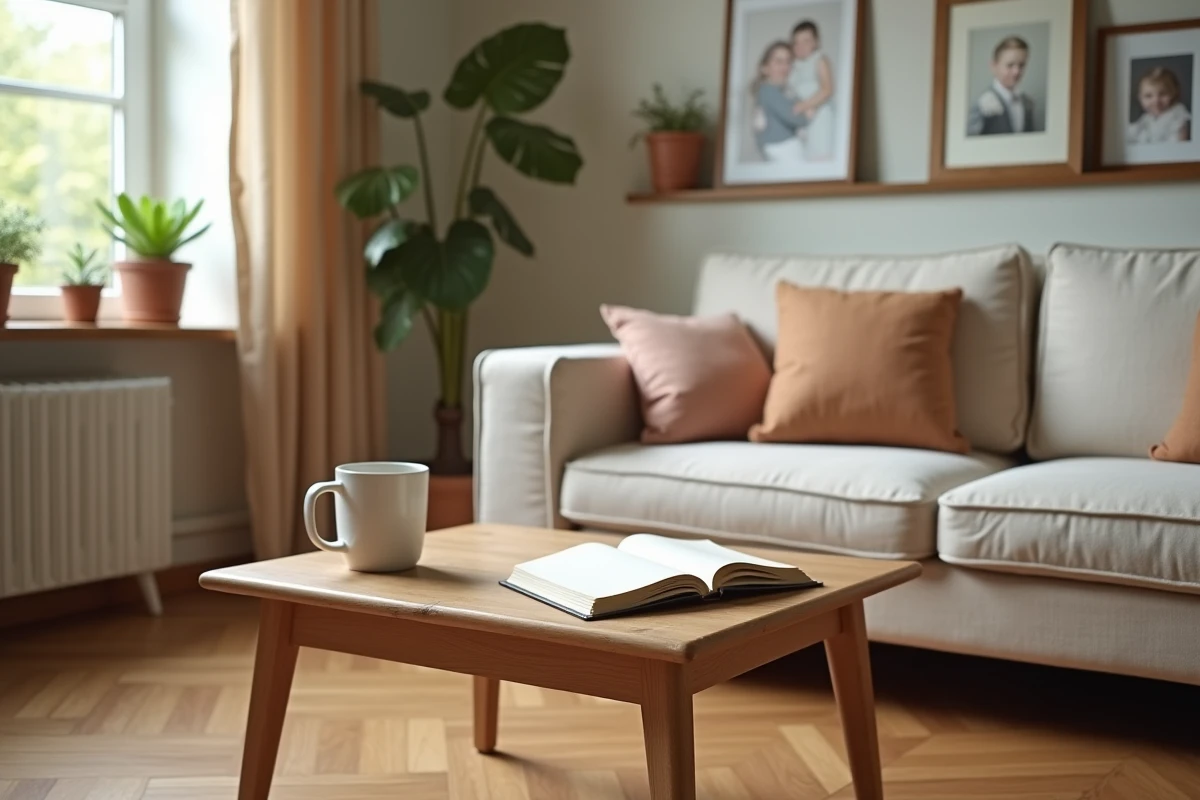 Intérieur d'un salon familial chaleureux avec photographies floues sur une étagère, symbolisant la vie de famille discrète et les zones d'ombre d'une personnalité médiatique