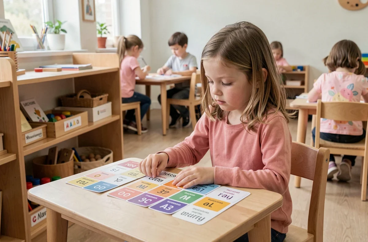 Jeune élève travaillant de façon autonome avec du matériel Montessori bilingue dans une salle apaisante