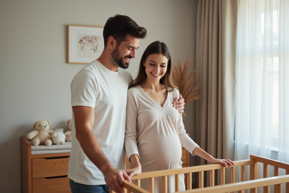 Jeune couple souriant près d'un berceau en bois moderne