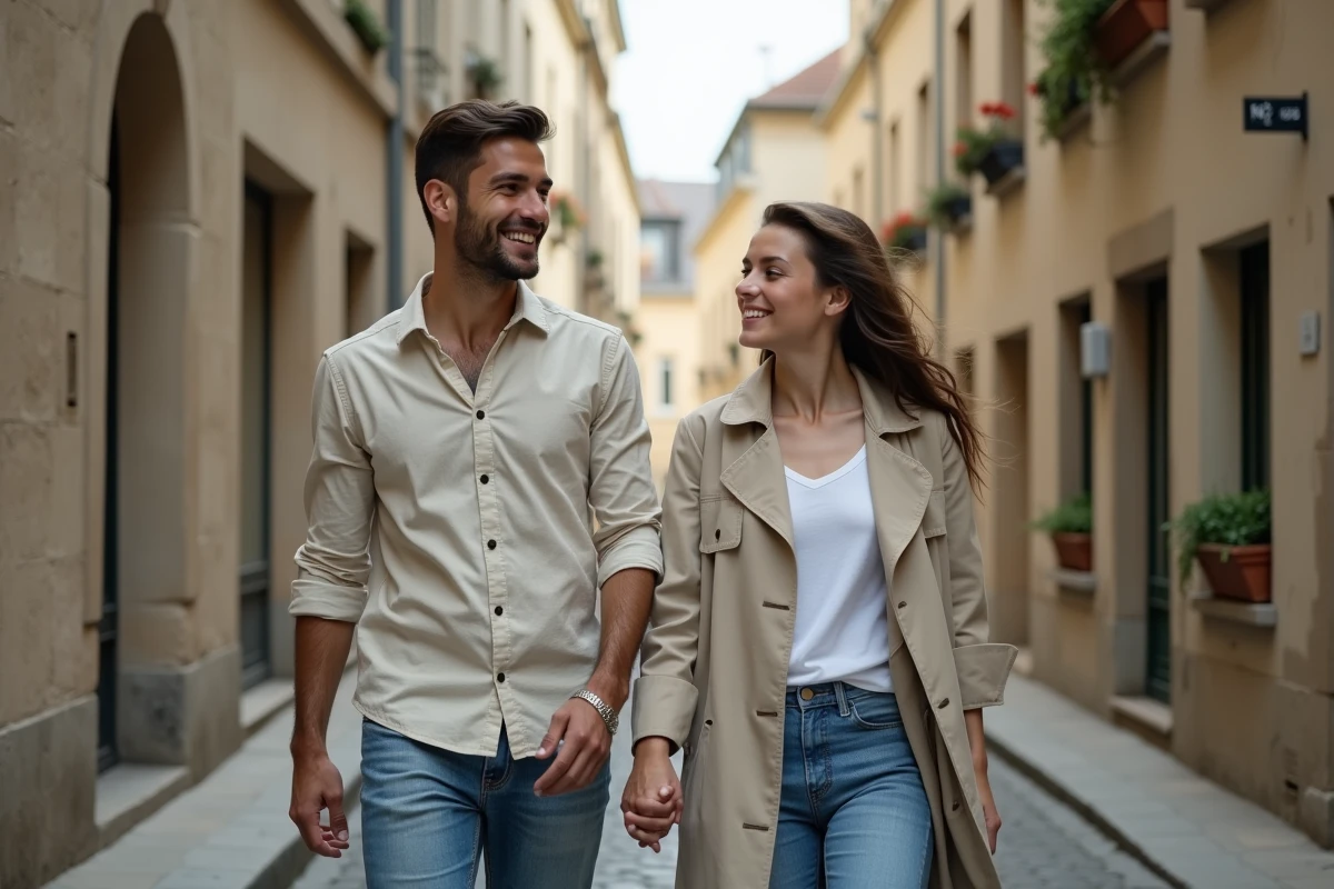 Jeune couple français se promenant dans une ville de province, évoquant la vie privée des personnalités politiques françaises