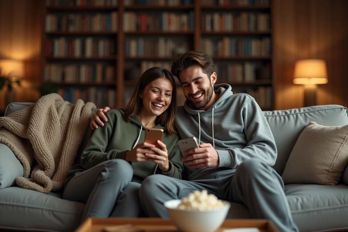 Jeune couple allongé sur un canapé jouant à un quiz de couple avec un smartphone pendant une soirée détente