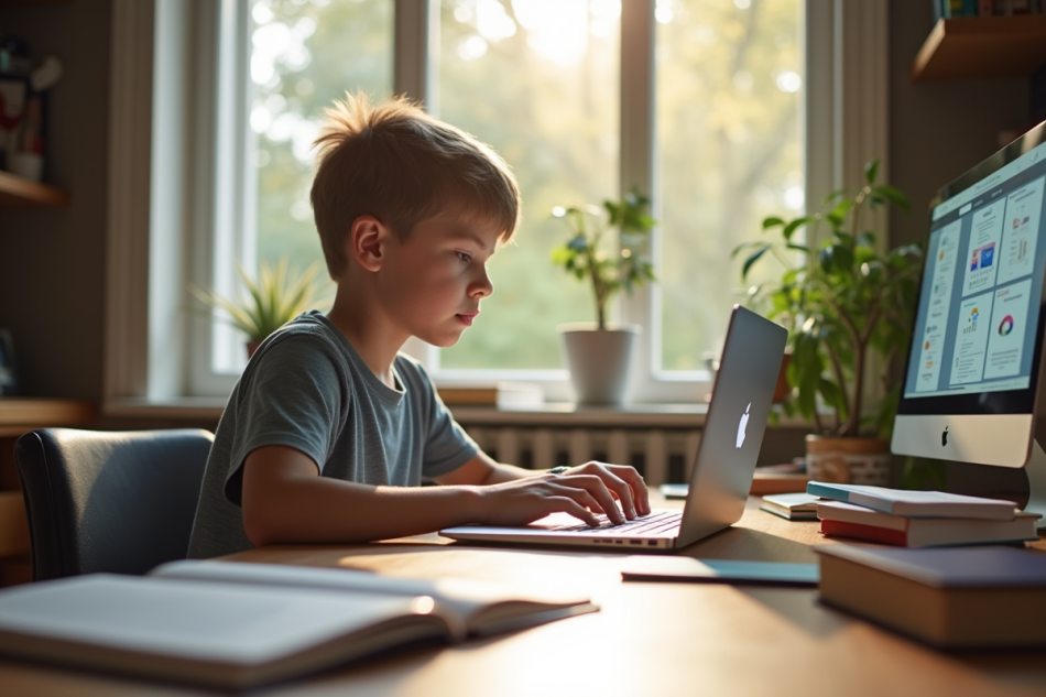 Jeune étudiant concentré sur son ordinateur à la maison