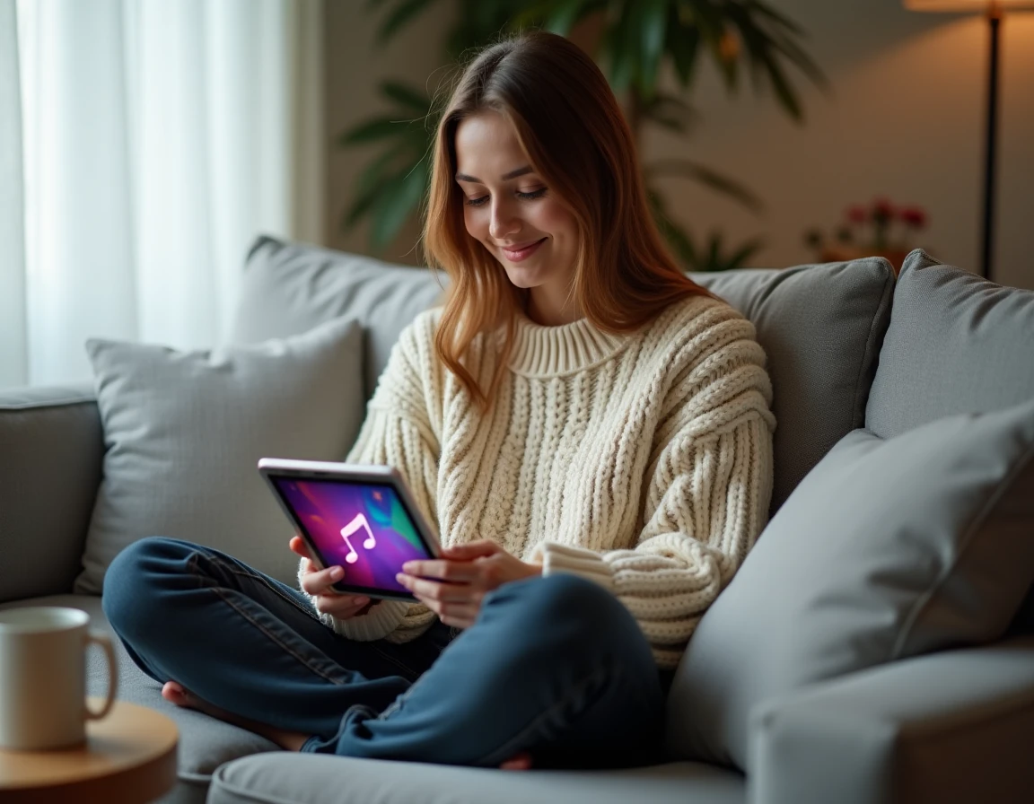 Jeune femme consultant des cartes d'anniversaire animées avec musique sur une tablette depuis son salon