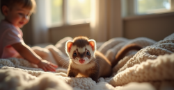 Jeune furet explorant un salon cosy avec un enfant curieux