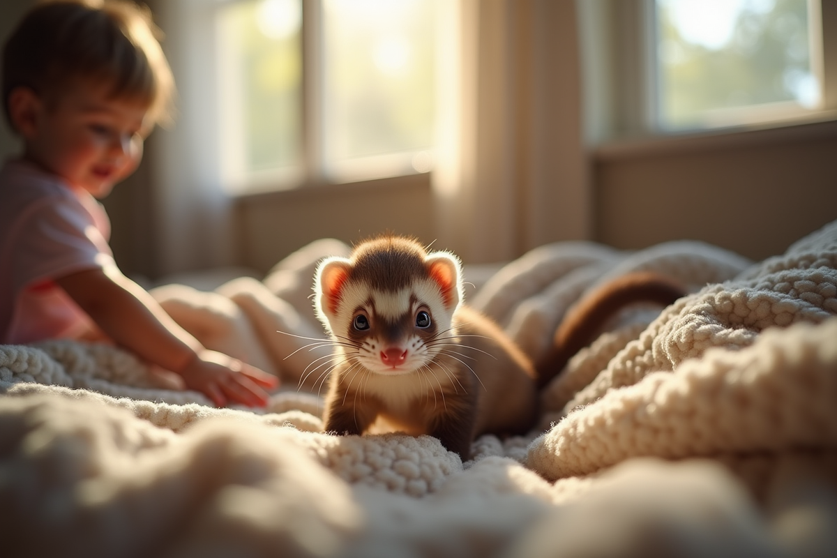 Jeune furet explorant un salon cosy avec un enfant curieux