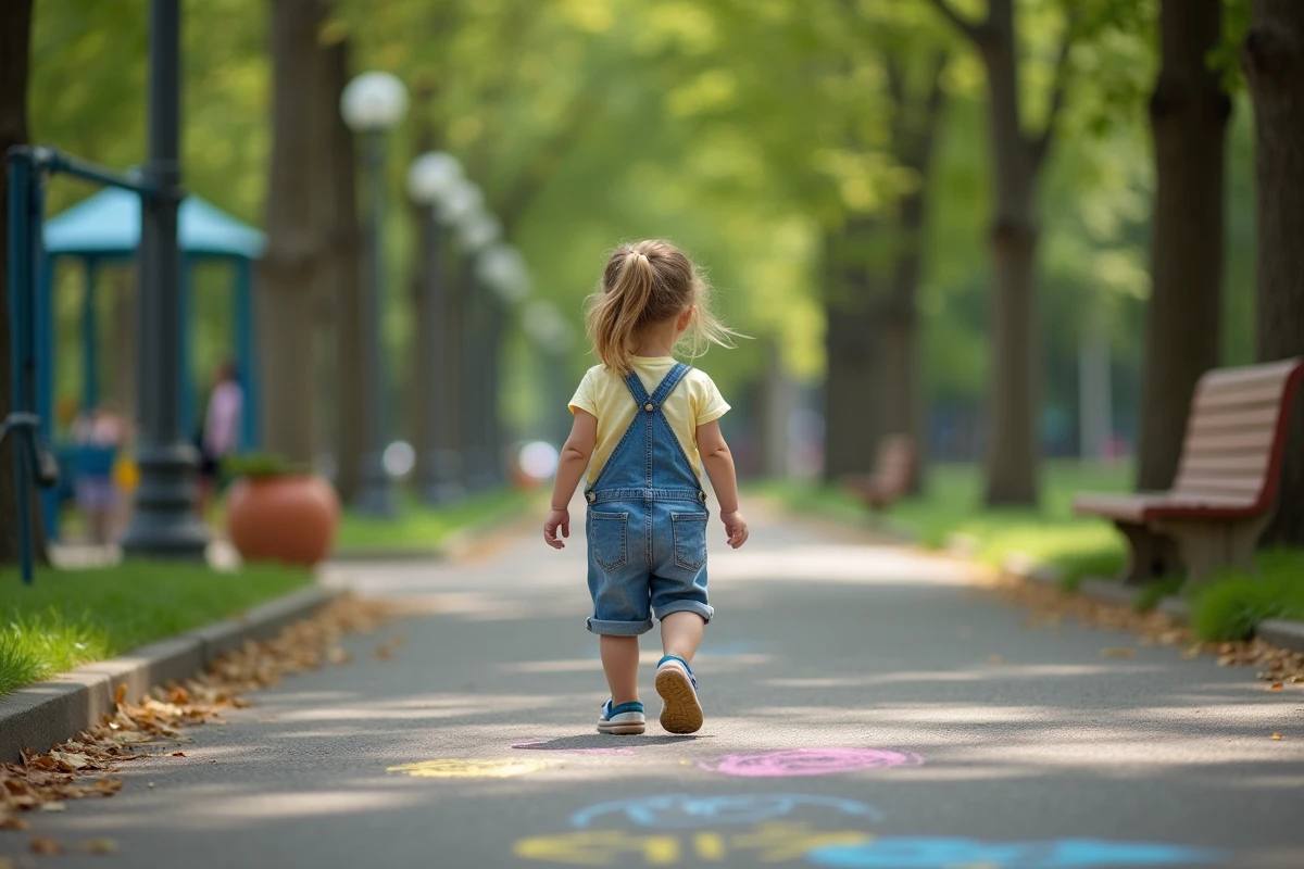 Jeune fille en salopette jouant au sol dans un parc