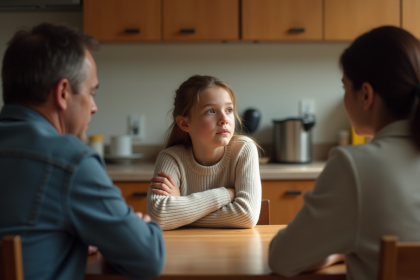 Jeune fille pensant à une table de cuisine familiale