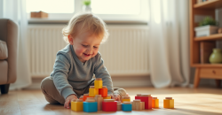 Garçon de 3 ans jouant avec des blocs colorés dans le salon