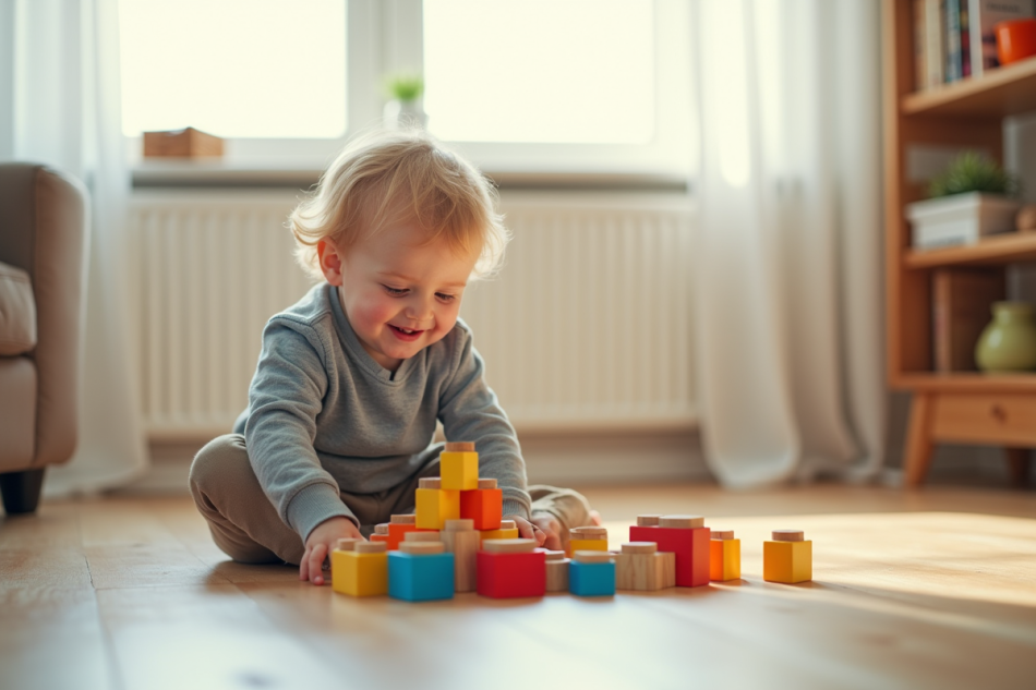 Garçon de 3 ans jouant avec des blocs colorés dans le salon