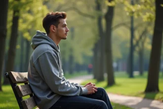 Jeune homme méditerranéen assis seul dans un parc urbain calme