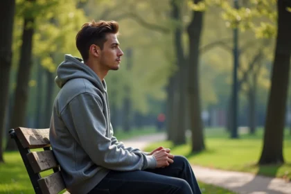 Jeune homme méditerranéen assis seul dans un parc urbain calme