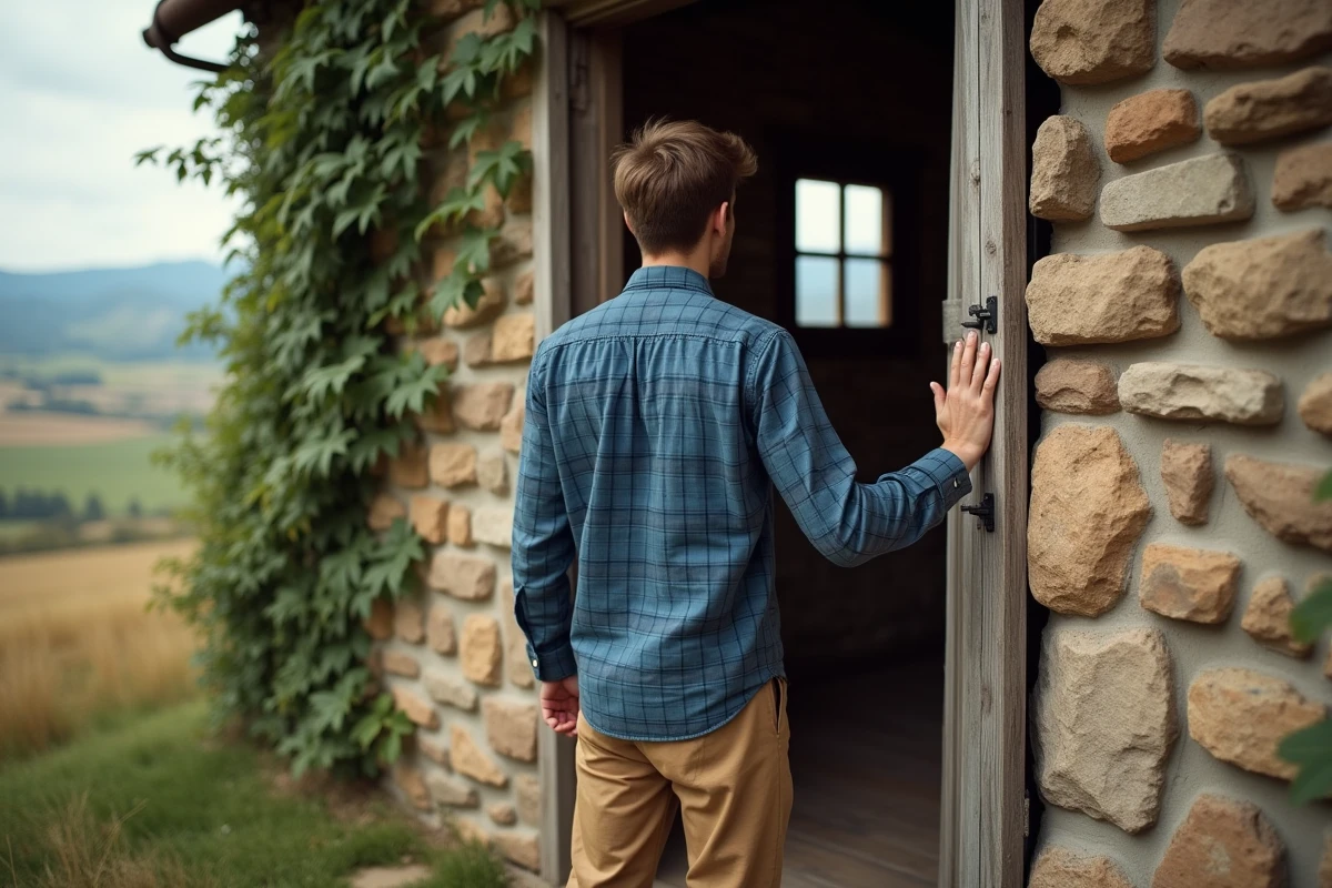 Jeune homme en flanelle bleue devant une maison rurale tranquille