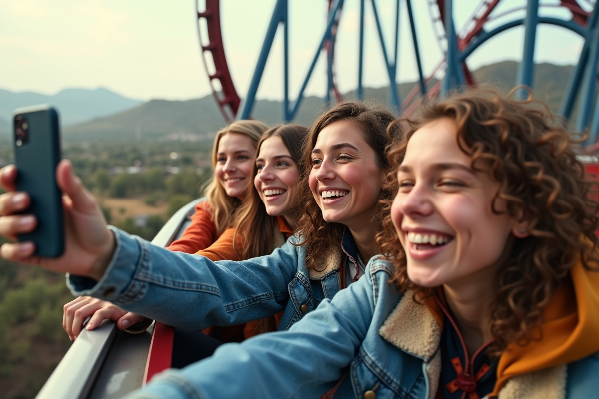 Jeunes prenant un selfie sur une plateforme de montagnes russes