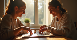 Deux personnes jouant à un jeu de société en lumière naturelle