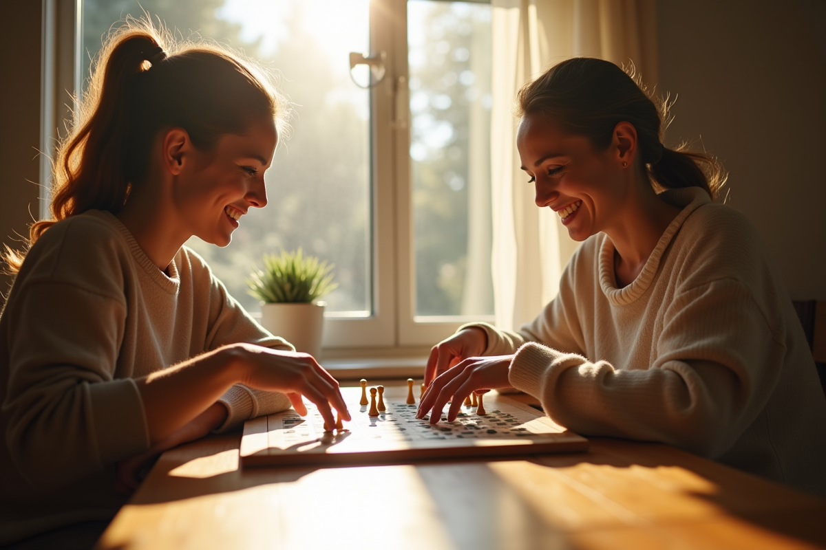 Deux personnes jouant à un jeu de société en lumière naturelle