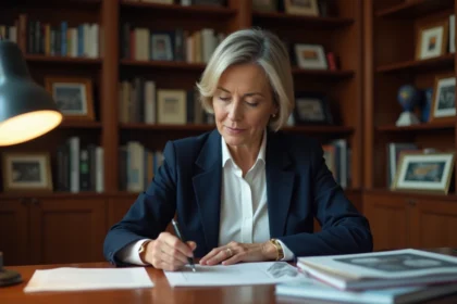 Femme journaliste assise à un bureau dans un bureau à domicile discret entouré de livres, illustrant une vie professionnelle et personnelle réservée