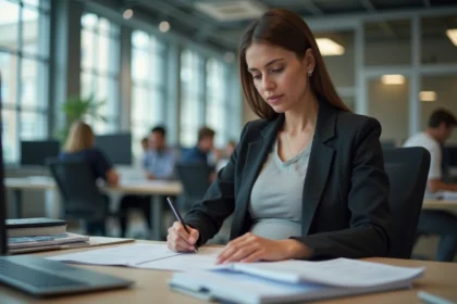 Journaliste enceinte dans une salle de rédaction moderne, examinant des documents avec une expression préoccupée