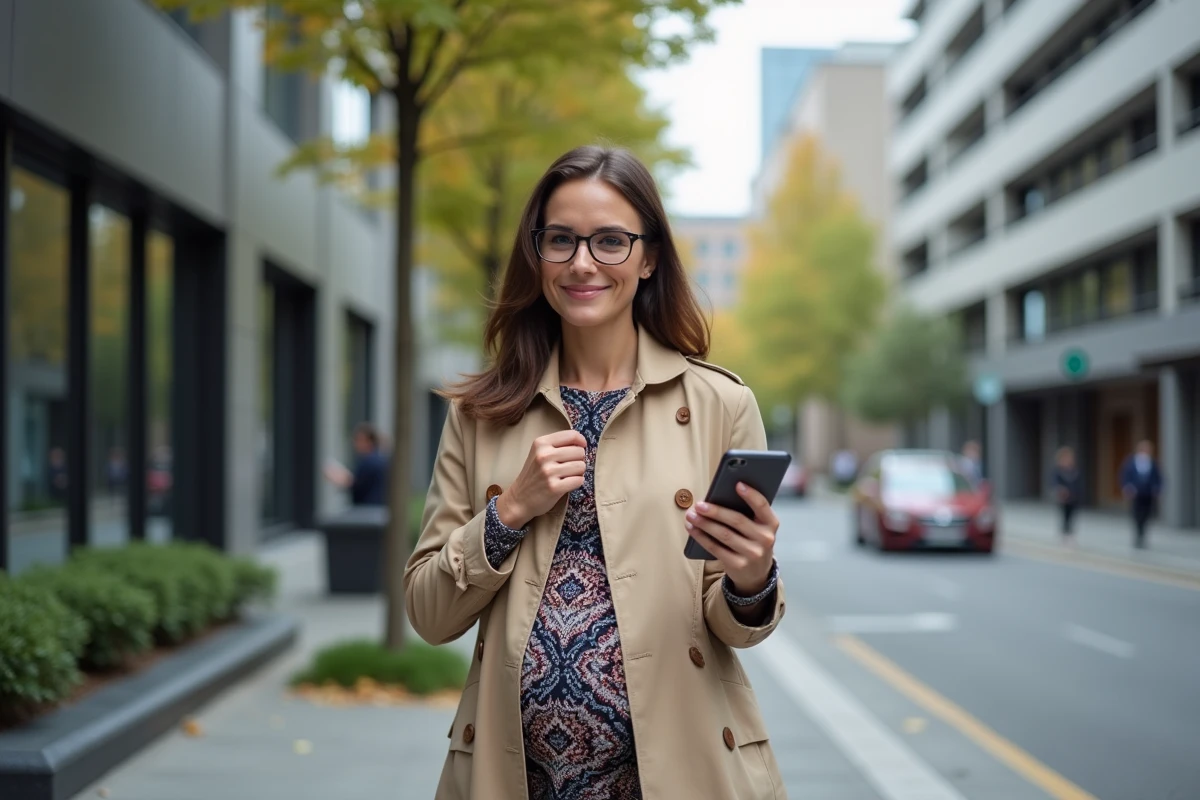 Journaliste en trench dans la ville avec téléphone