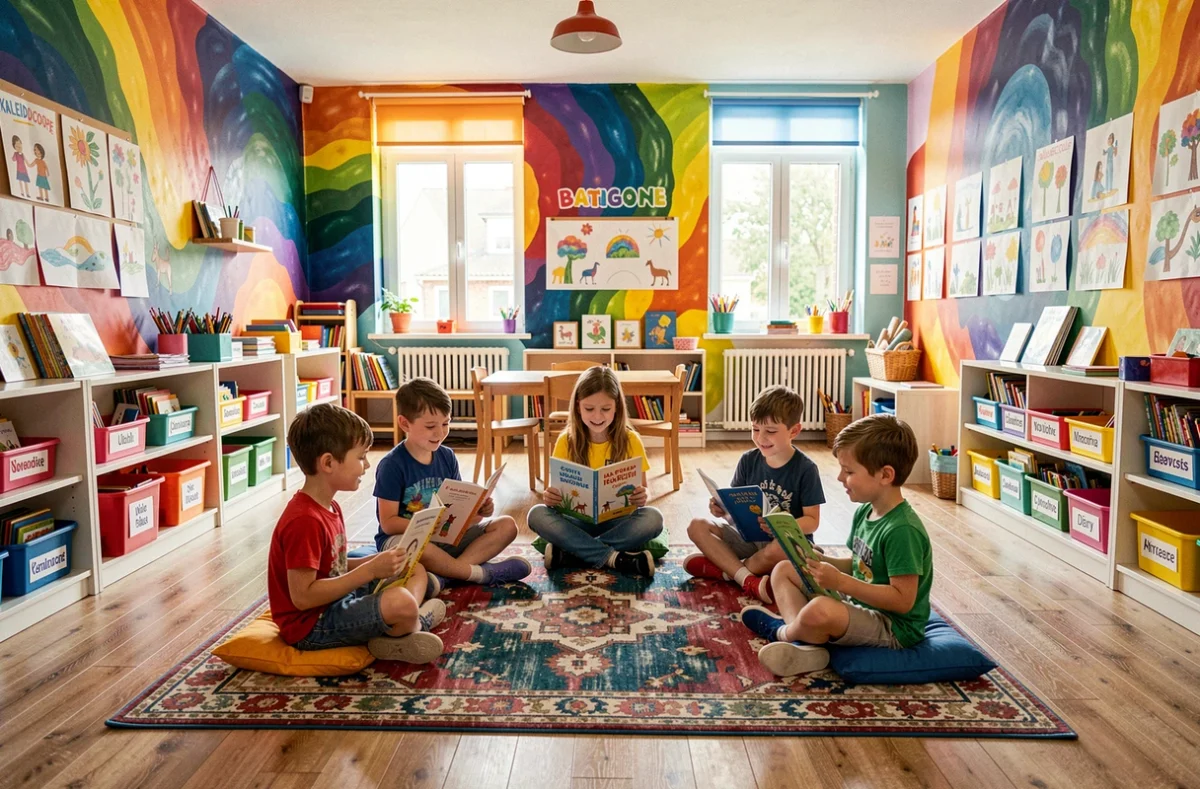 Enfants réunis en cercle avec des livres bilingues dans la salle colorée de Kaleidoscope École Bilingue