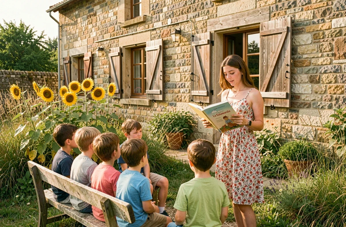 Enseignante lisant une histoire bilingue à de jeunes élèves dans le jardin de La Salamandre à Assier