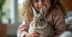 Lapin dwarf lop sur les genoux d'un enfant dans une maison