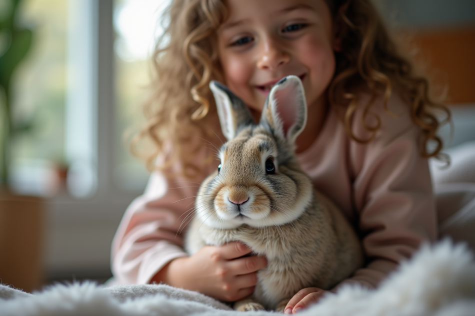 Lapin dwarf lop sur les genoux d'un enfant dans une maison