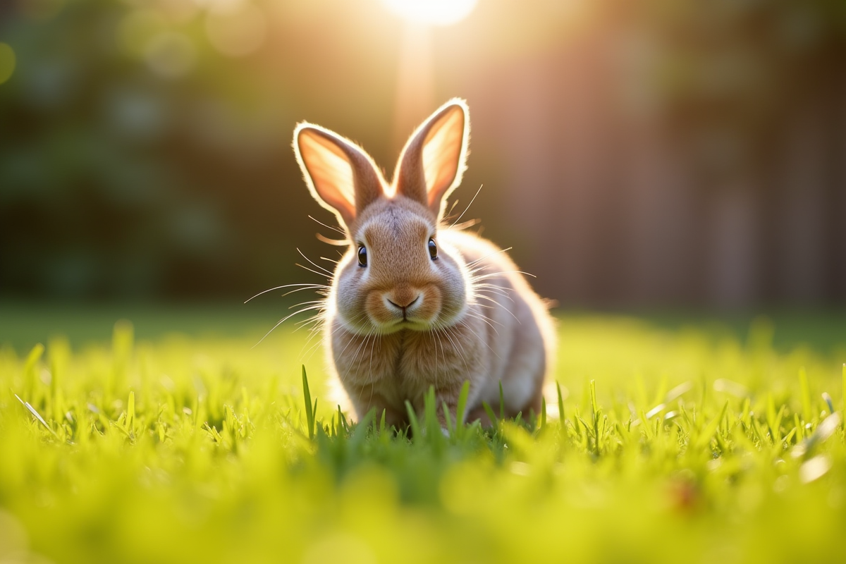 Lapin dwarf lop jouant dans un jardin ensoleille