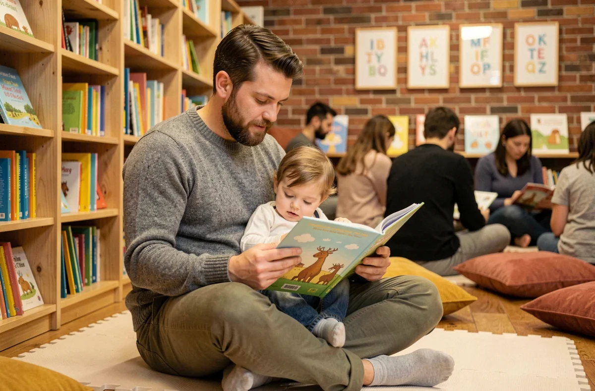 Papa lisant un album illustré à son enfant de 3 ans dans une bibliothèque jeunesse parisienne le mercredi