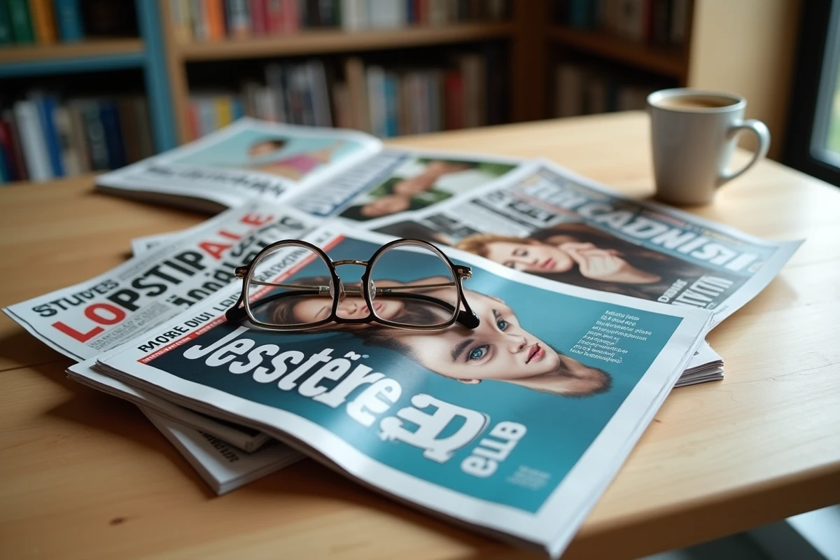 Magazines et tabloïds français sur un bureau, illustrant la couverture médiatique et le flou entretenu sur la vie privée des célébrités