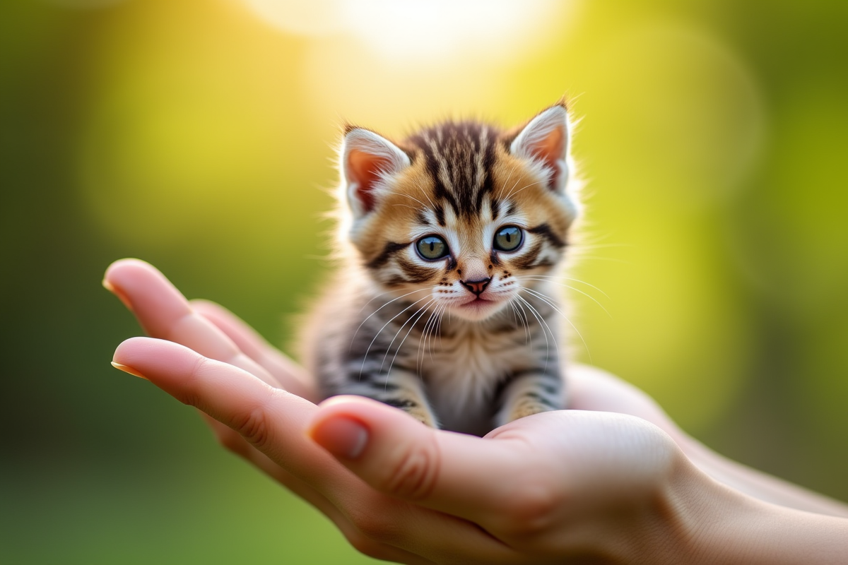 Main tenant un chaton british shorthair curieux en extérieur