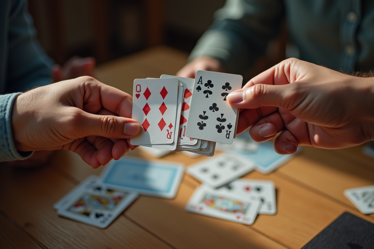 Mains tenant une main gagnante de rummy sur la table