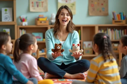 Maîtresse de maternelle chantant la comptine 3 petits chats avec des marottes pour enfants en classe