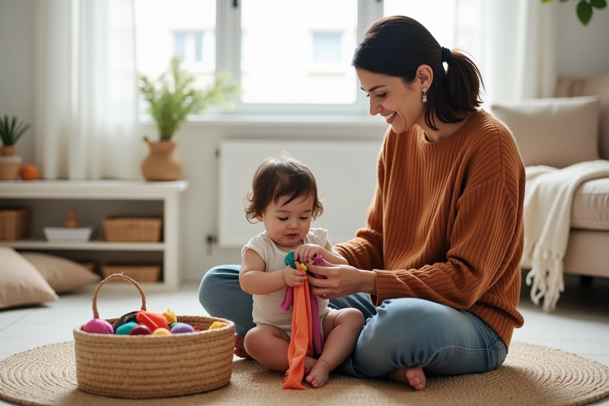 Maman et bébé de 1 an jouant ensemble avec un panier de découverte Montessori aux foulards colorés