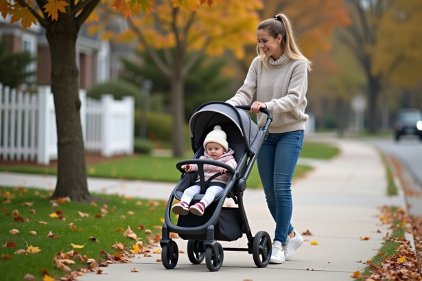 Jeune maman souriante avec poussette dans quartier résidentiel