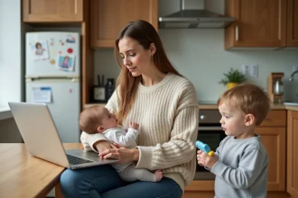Jeune maman avec bébé et enfant à la maison