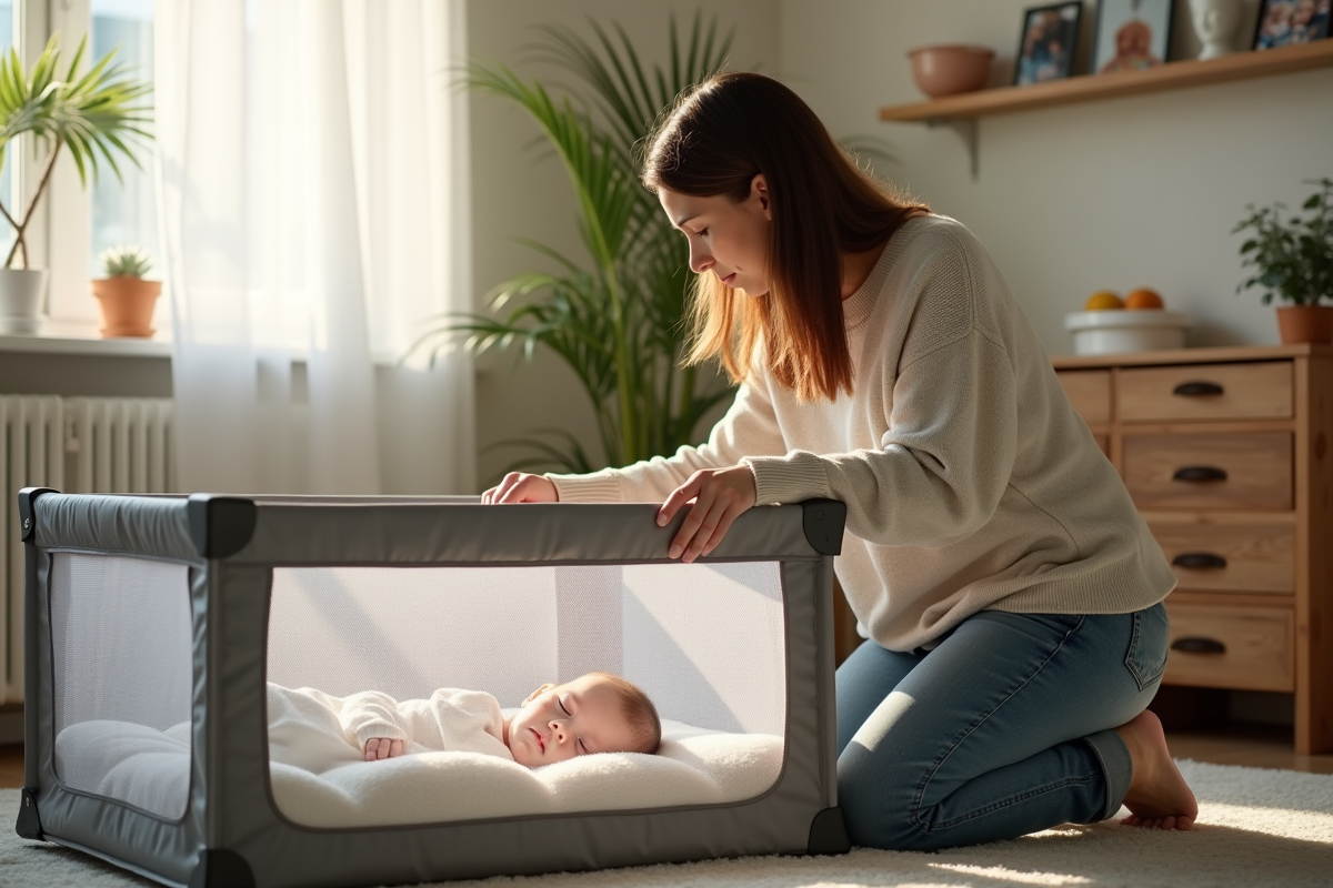 Maman regardant son bebe endormi dans un parc portable en salon lumineux